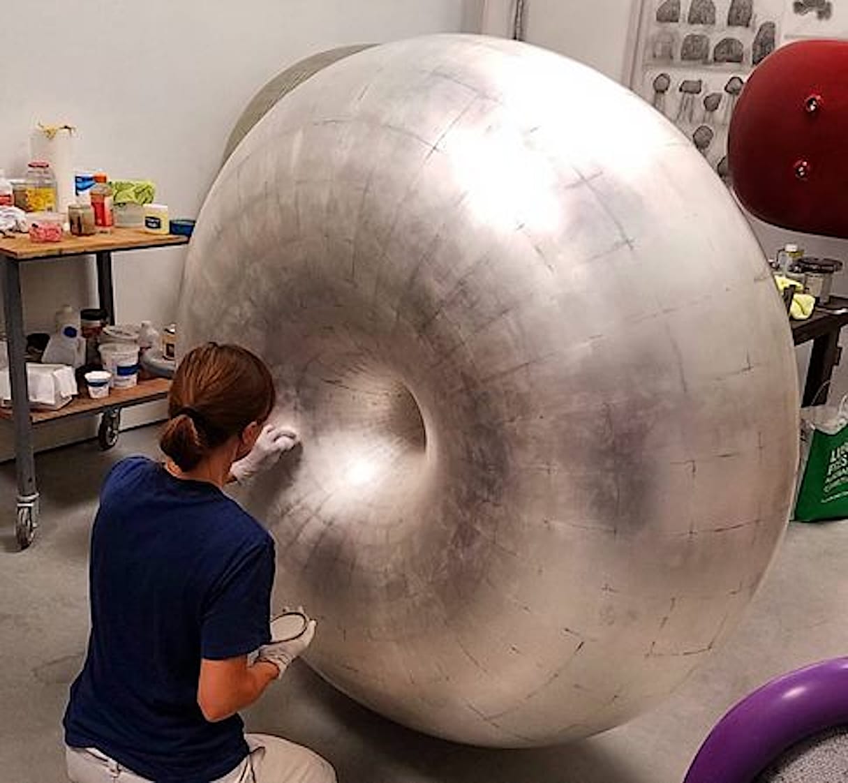 Sundog-acrylic size gilding on fiberglass-polishing stage-project for Peter Shelton sculptor-Los Angeles 2016