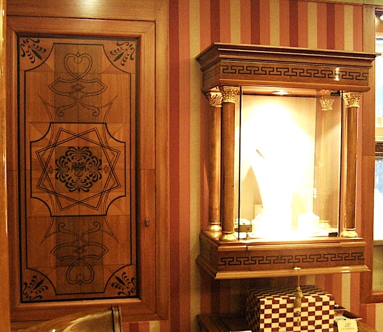 Wood inlays and decoration of cabinet doors-detail-Zannetti jewellery store-Italy 2011